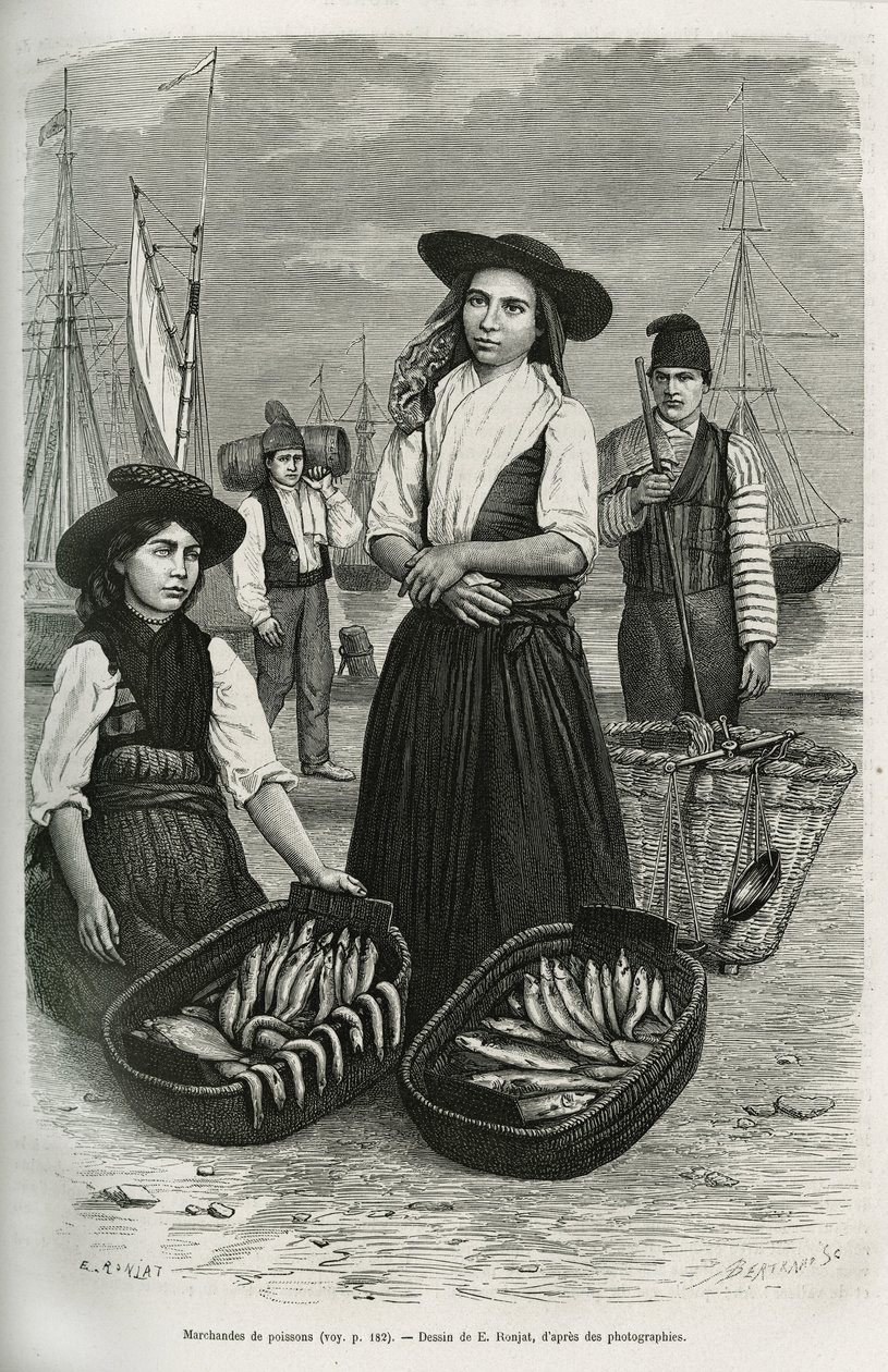 Marchands de poissons, portant le costume traditionnel féminin : jupe courte et plissée, corsage avec boutons d