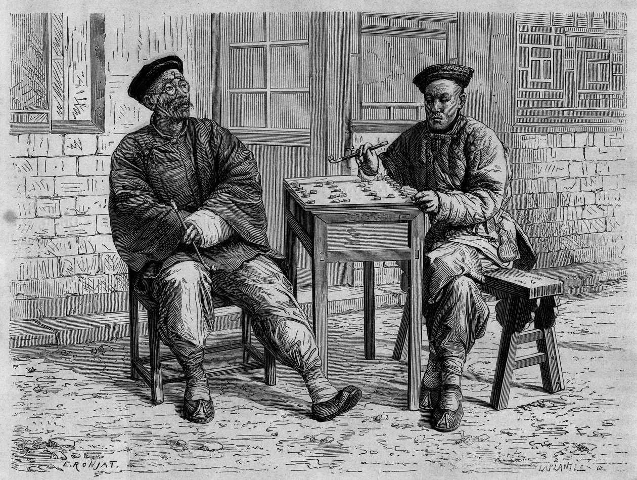 Joueurs de go dans les rues de Pékin (Beijing) au 19ème siècle. Gravure d