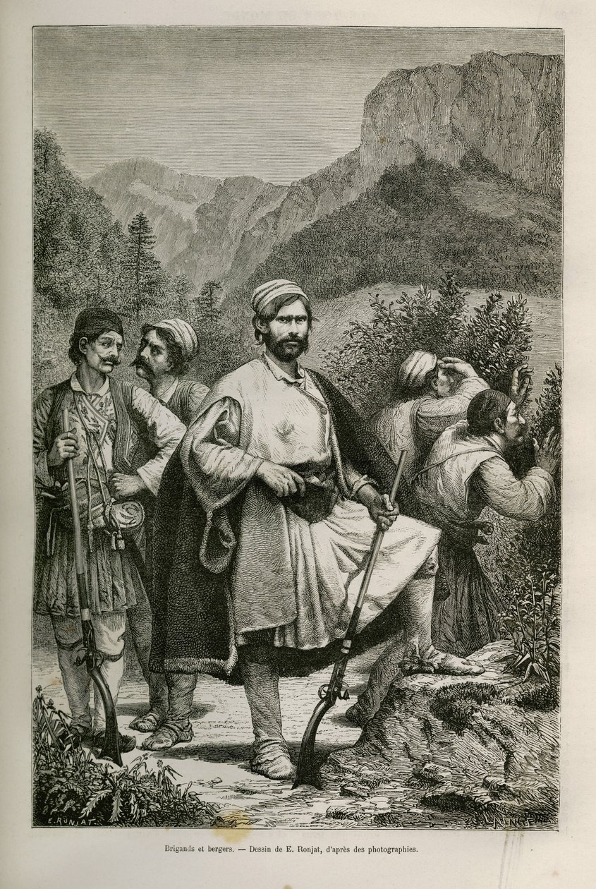 Brigands et bergers grecs, complices dans les montagnes, dessin de E.Ronjat, pour illustrer l