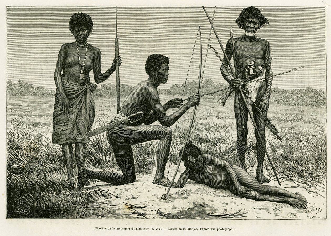 Négritos de la montagne Yriga. Gravure par E.Ronjat pour illustrer le récit Luçon et Palaouan, six ans aux Philippines, par Alfred Marche (1844-1898), dans le tour du monde 1886, dirigé par Edouard Charton (1807-1890), Hachette, Paris. - Etienne Antoine Eugene Ronjat