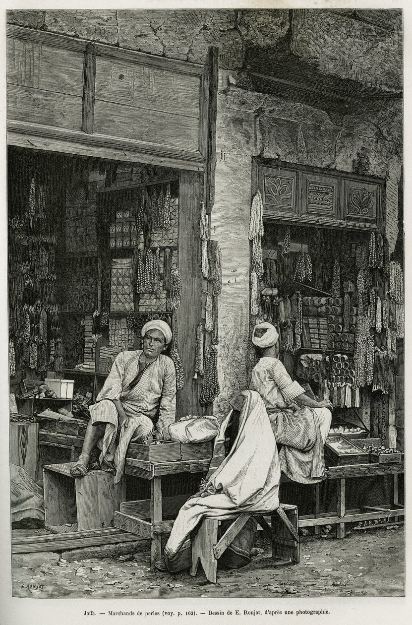 Marchands de perles à Jaffa (Israël). Gravure par E. Ronjat pour illustrer La Syrie d