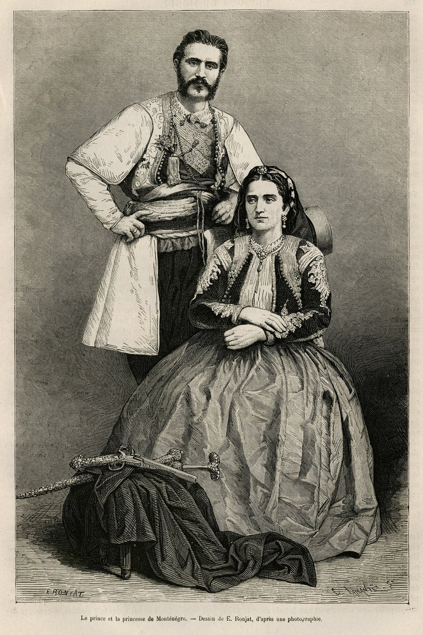 Portraits du prince du Monténégro Nicolas I Petrovicz Niegosch (1841-1921) et de sa femme, Milena, née Voukovich (1847-1923), dessin de E.Ronjat, pour illustrer le voyage au Monténégro, en 1874, par Charles Yriarte (1832-1898). Gravure dans Le tour du mond - Etienne Antoine Eugene Ronjat