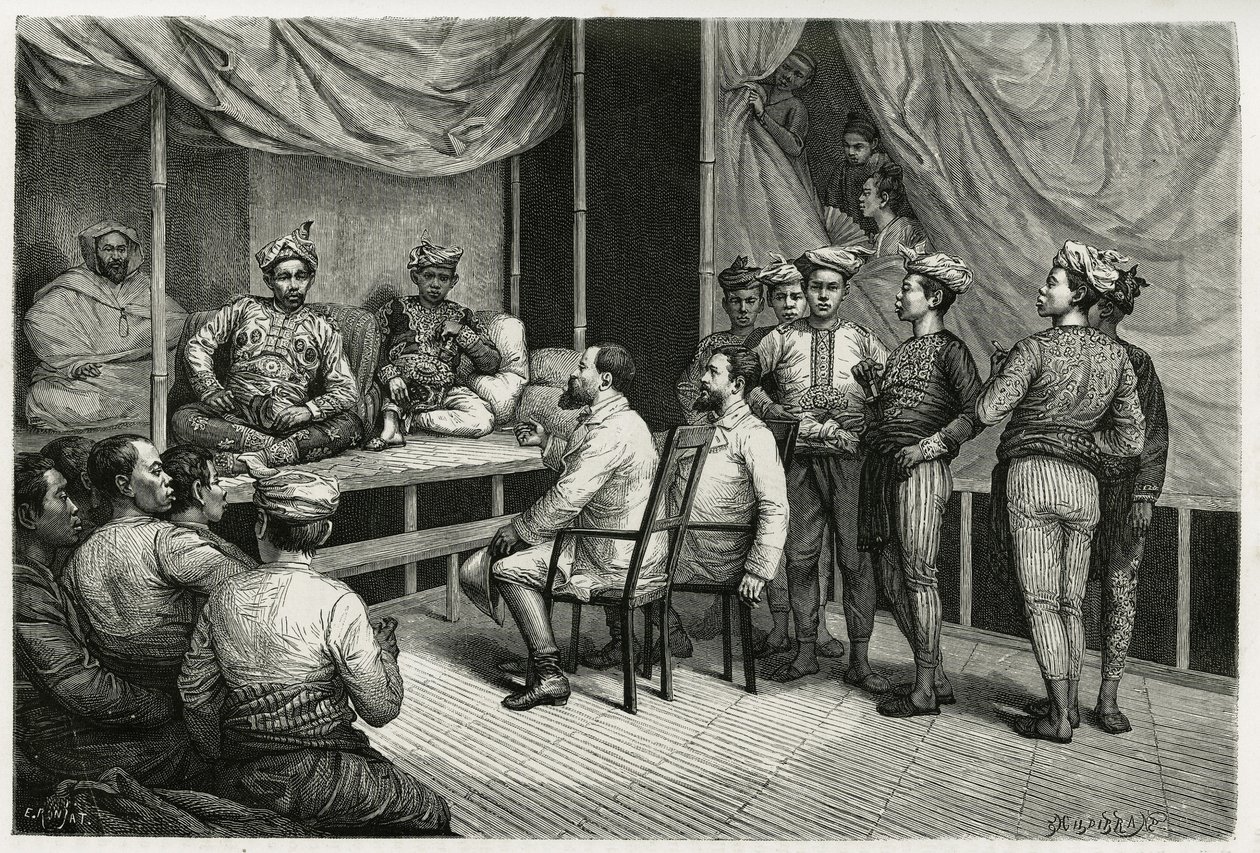 Réception des voyageurs au palais du sultan de Soulou (ou Sulu) (archipel des Philippines), Mohammed Yamalul Alam. Gravure par E.Ronjat, pour illustrer le récit « Voyage aux Philippines » - Etienne Antoine Eugene Ronjat