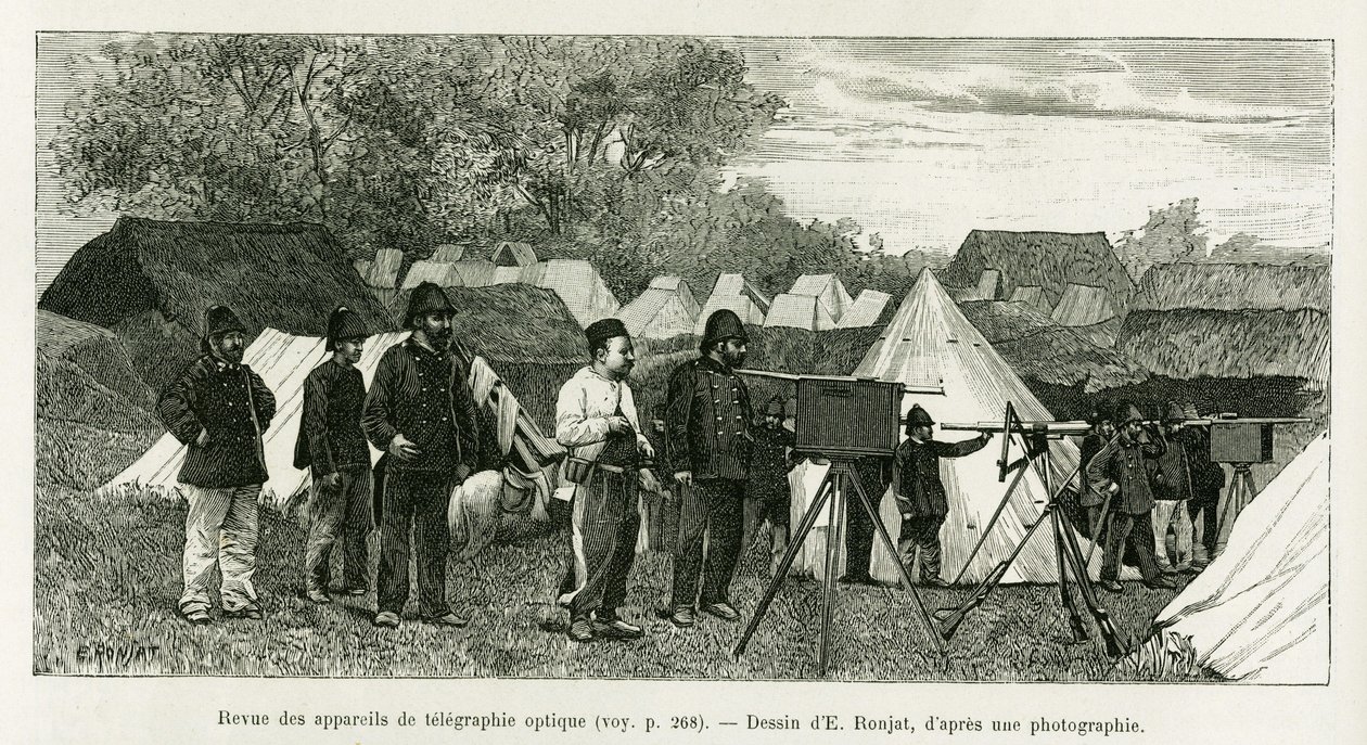 Revue des appareils de télégraphie optique (illustration de Trente mois au Tonkin, 1884, par le docteur Paul Hocquard, dans Le tour du monde 1890) - Etienne Antoine Eugene Ronjat