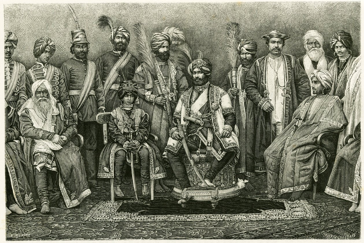 Le maharajah du Cachemire, Rambhir Sing et sa cour. Gravure par E. Ronjat, pour illustrer l
