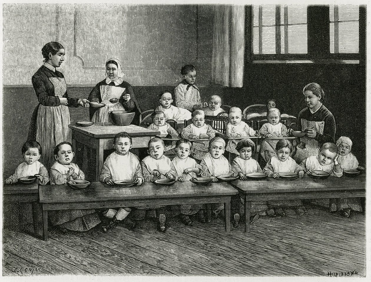 Le repas des enfants à la crèche. Gravure par E. Ronjat, pour illustrer l