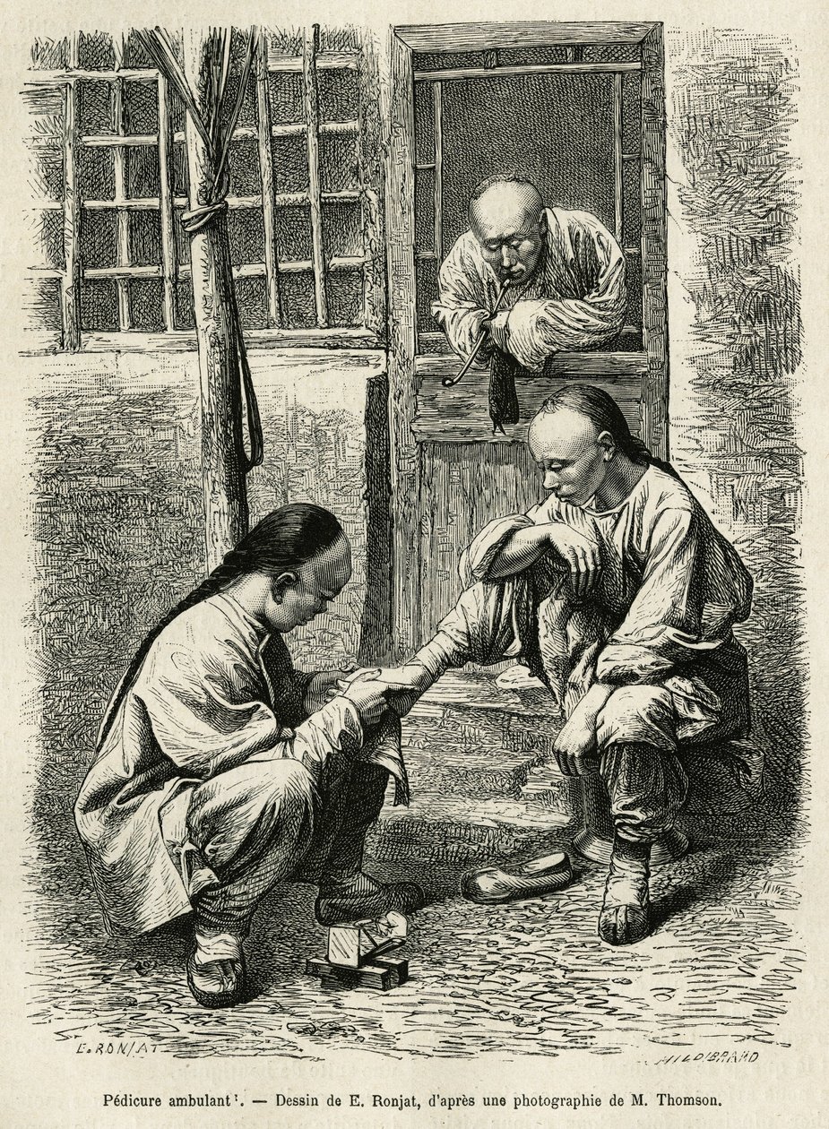 Le pédicure ambulant, une scène courante de la vie quotidienne dans les villes chinoises. Gravure pour illustrer le voyage à Pékin et en Chine du Nord, par T.Choutze, en 1873, publiée dans "Le tour du monde" 1876, éditée par Edouard Charton - Etienne Antoine Eugene Ronjat