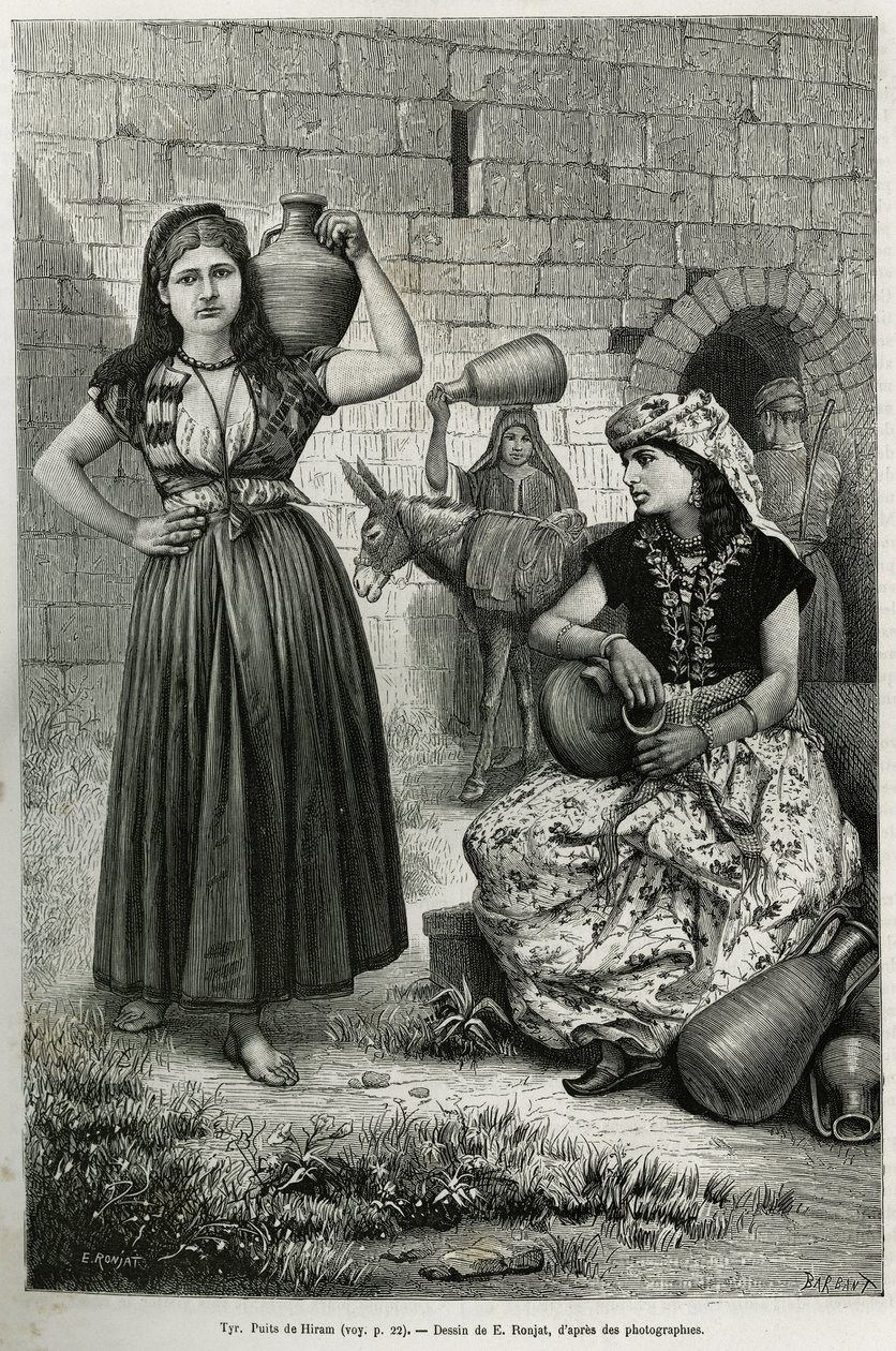 Femmes portant des cruches, près du puits de Hiram à Tyr. Gravure par E.Ronjat, pour illustrer l