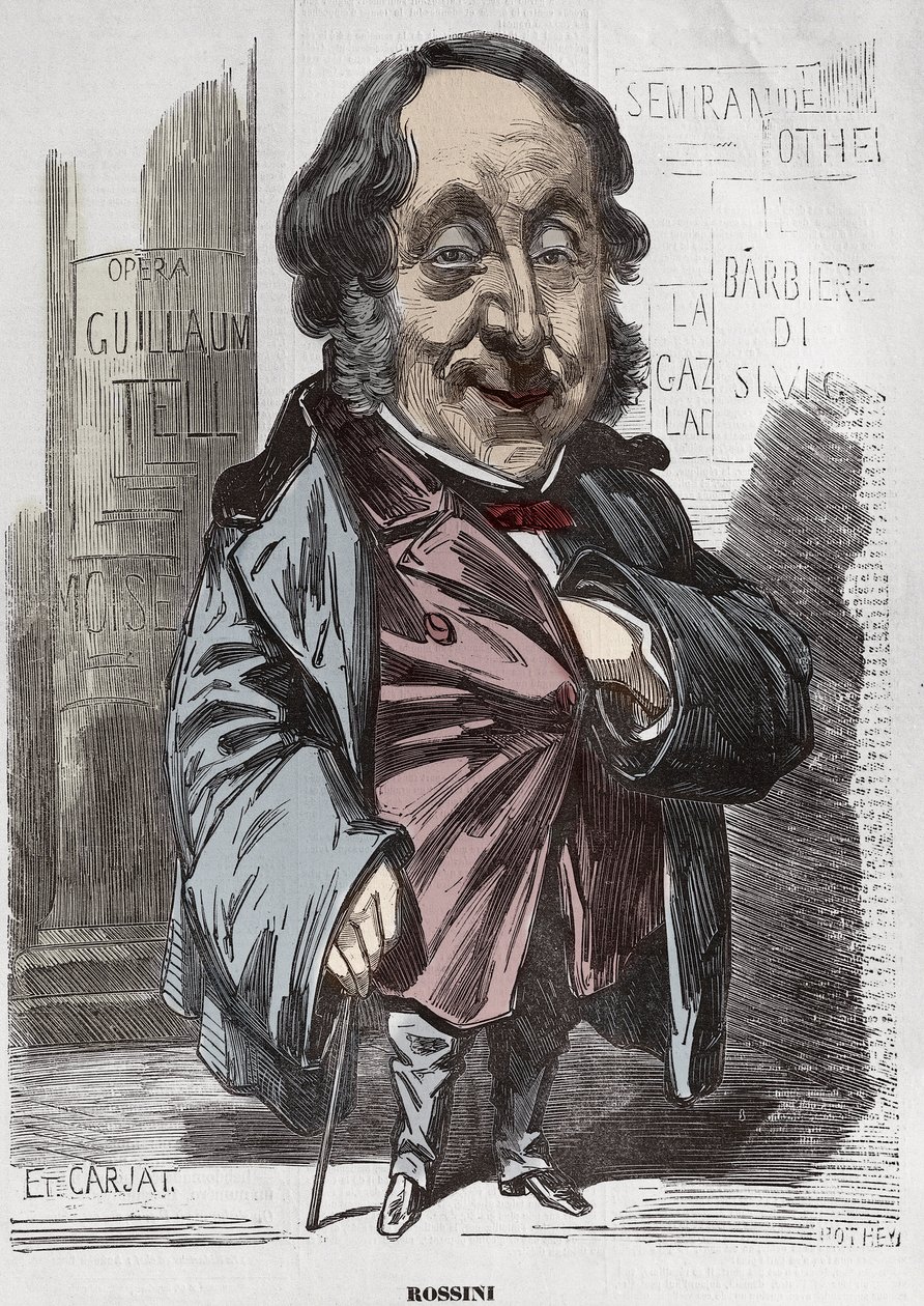 Portrait de Gioachino Rossini (1792-1868), caricature par Étienne Carjat - portrait-charge par Rossini pour Diogène, après Nadar, 21 décembre 1856 colorisation numérique - Etienne Carjat