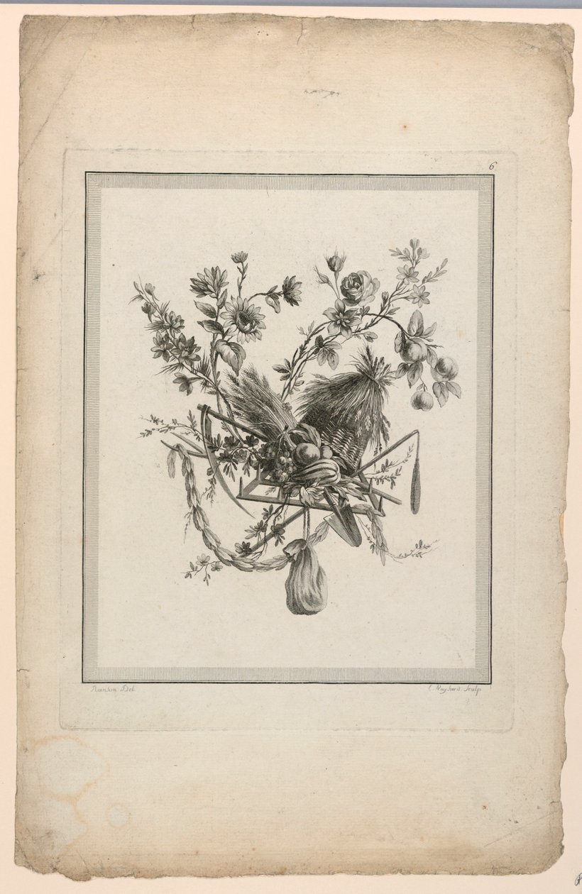 Trophée avec des outils de récolte, Planche 6 de "Suite de différents Attributs, Trophées, et Groupes de Fleurs," Suite II - Etienne Claude Voysard