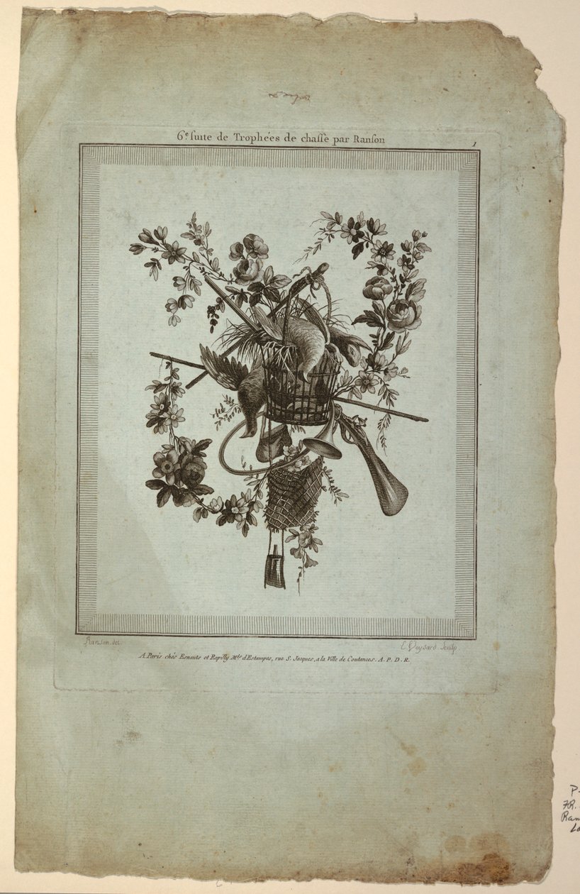 Trophée avec des instruments de chasse, Planche 1 de "Suite de trophées de chasse," Suite VI - Etienne Claude Voysard