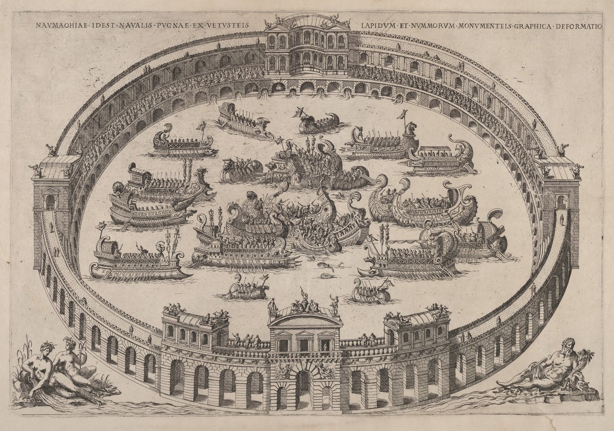 Engagement naval dans une arène romaine, avec le Tibre et des nymphes en bas à gauche - Etienne Duperac