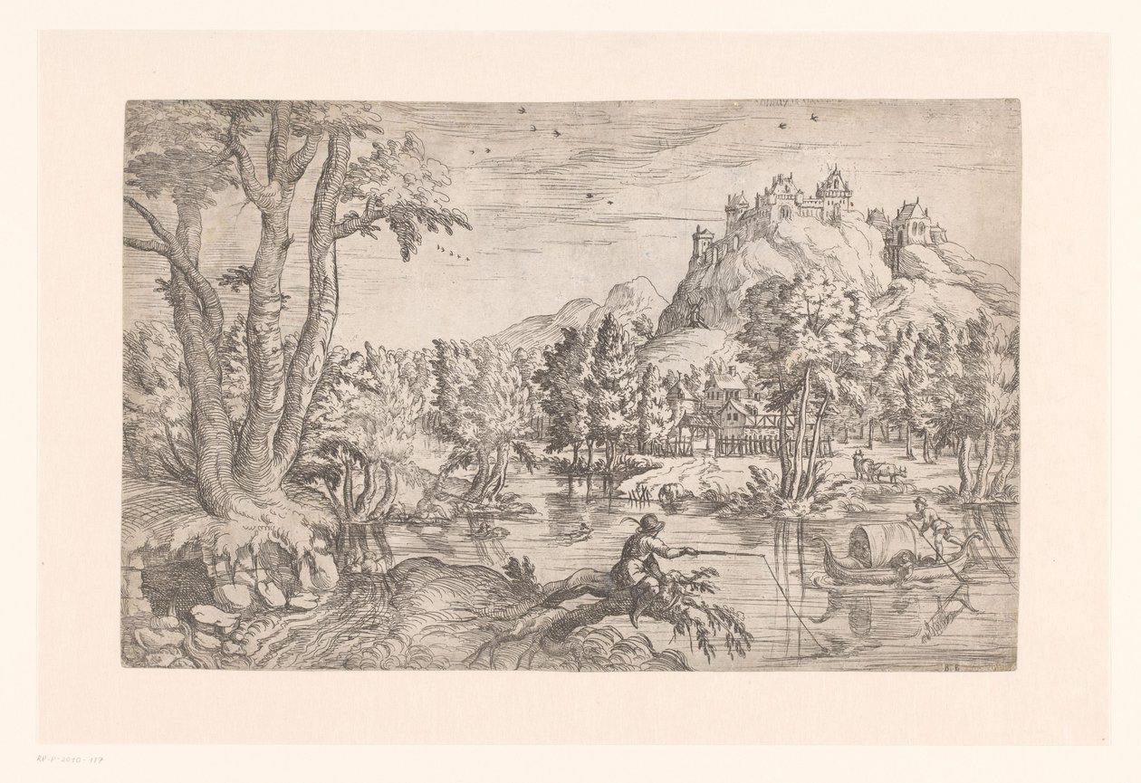 Paysage avec pêcheur et château au sommet d
