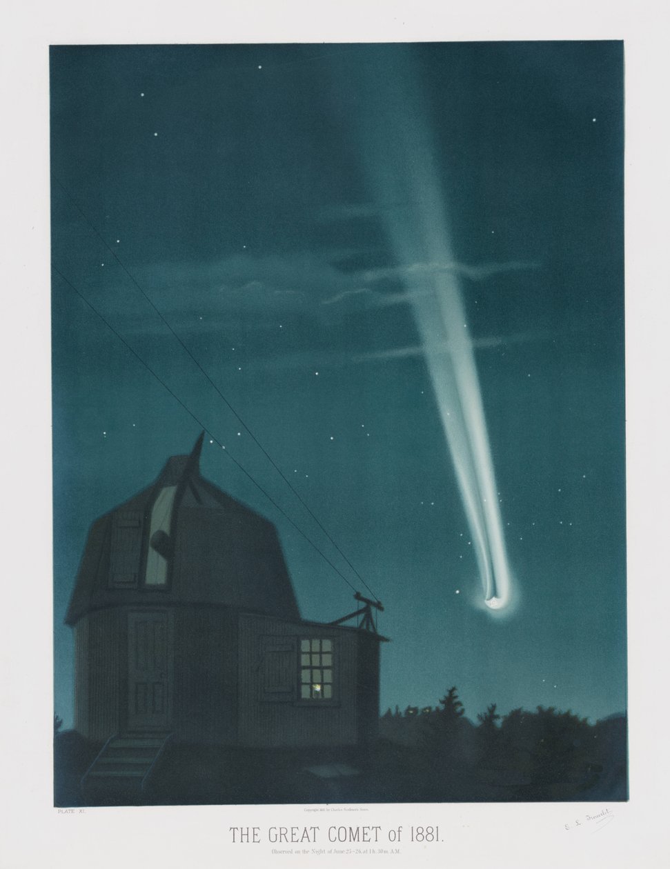La Grande Comète de 1881, observée dans la nuit du 25 au 26 juin, à 1h30 du matin, tirée des Dessins astronomiques de Trouvelot 1881, pub. 1881 - Étienne Léopold Trouvelot