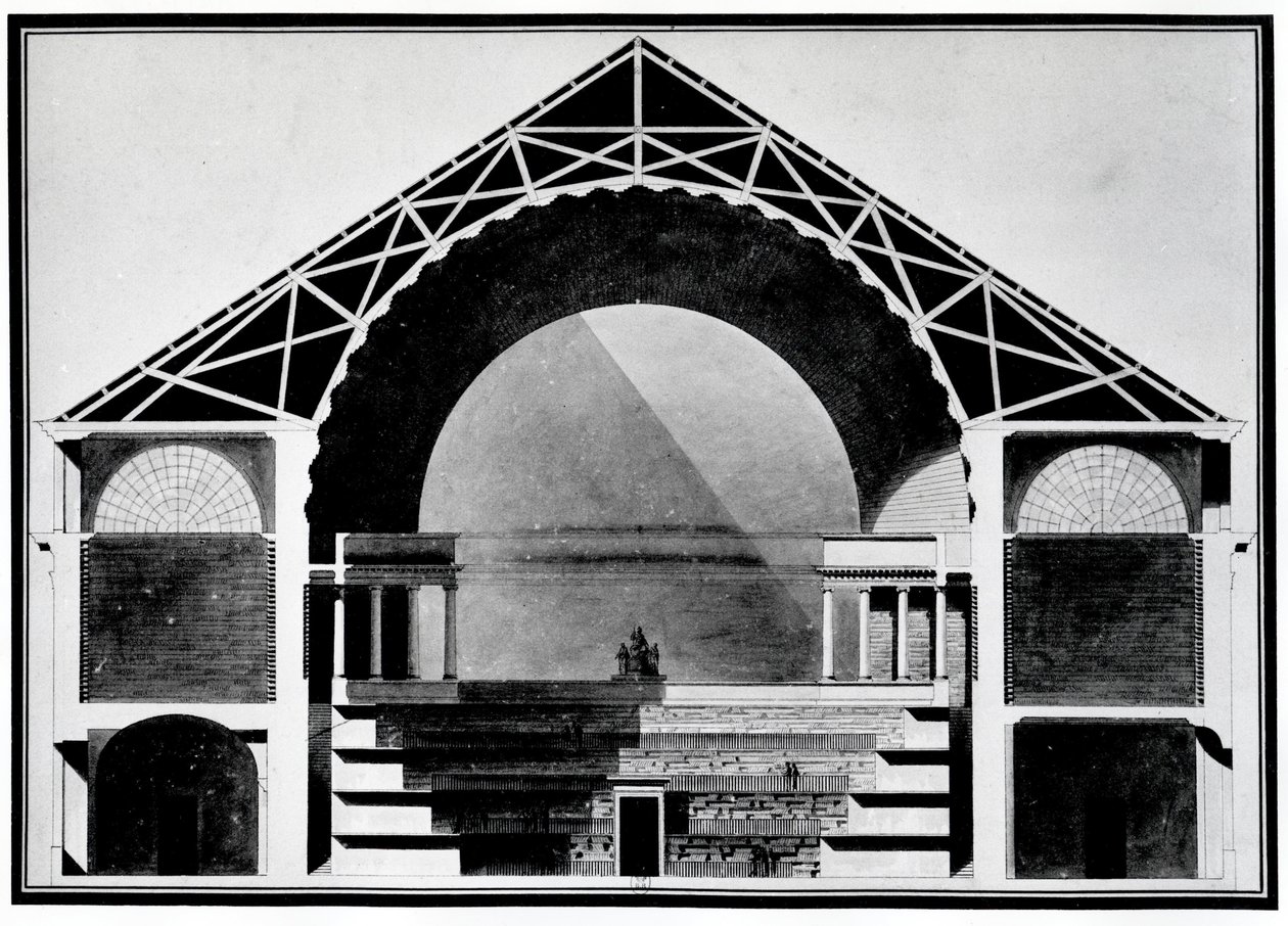 Bibliothèque Royale de France, coupe transversale du bâtiment. Architecture par Etienne Louis Boullée (Etienne-Louis Boullée), architecte français (1728-1799) - Etienne Louis Boullee