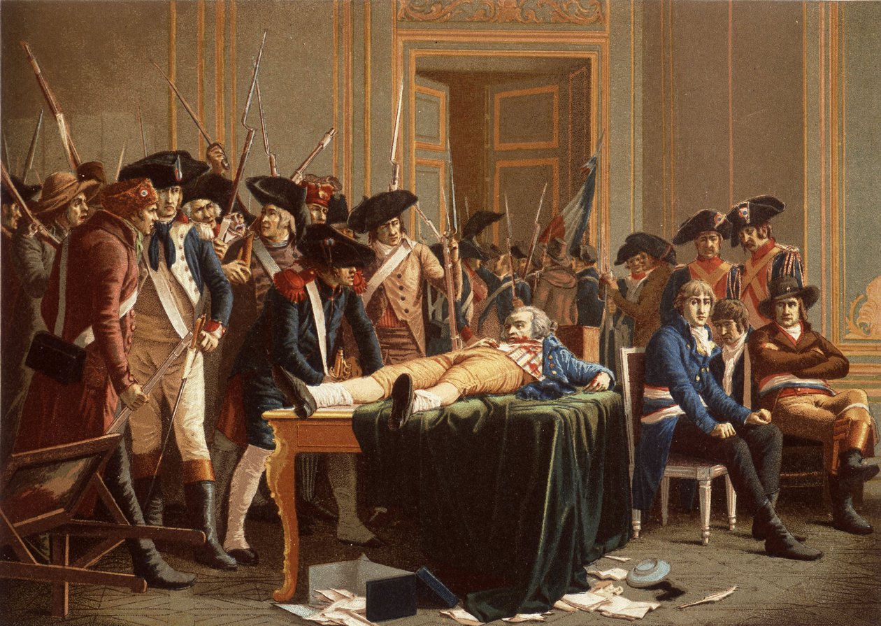 Le matin du 10 Thermidor An II ; Maximilien de Robespierre, avec une mâchoire fracturée, étendu sur une table - Etienne Lucien (after) Melingue