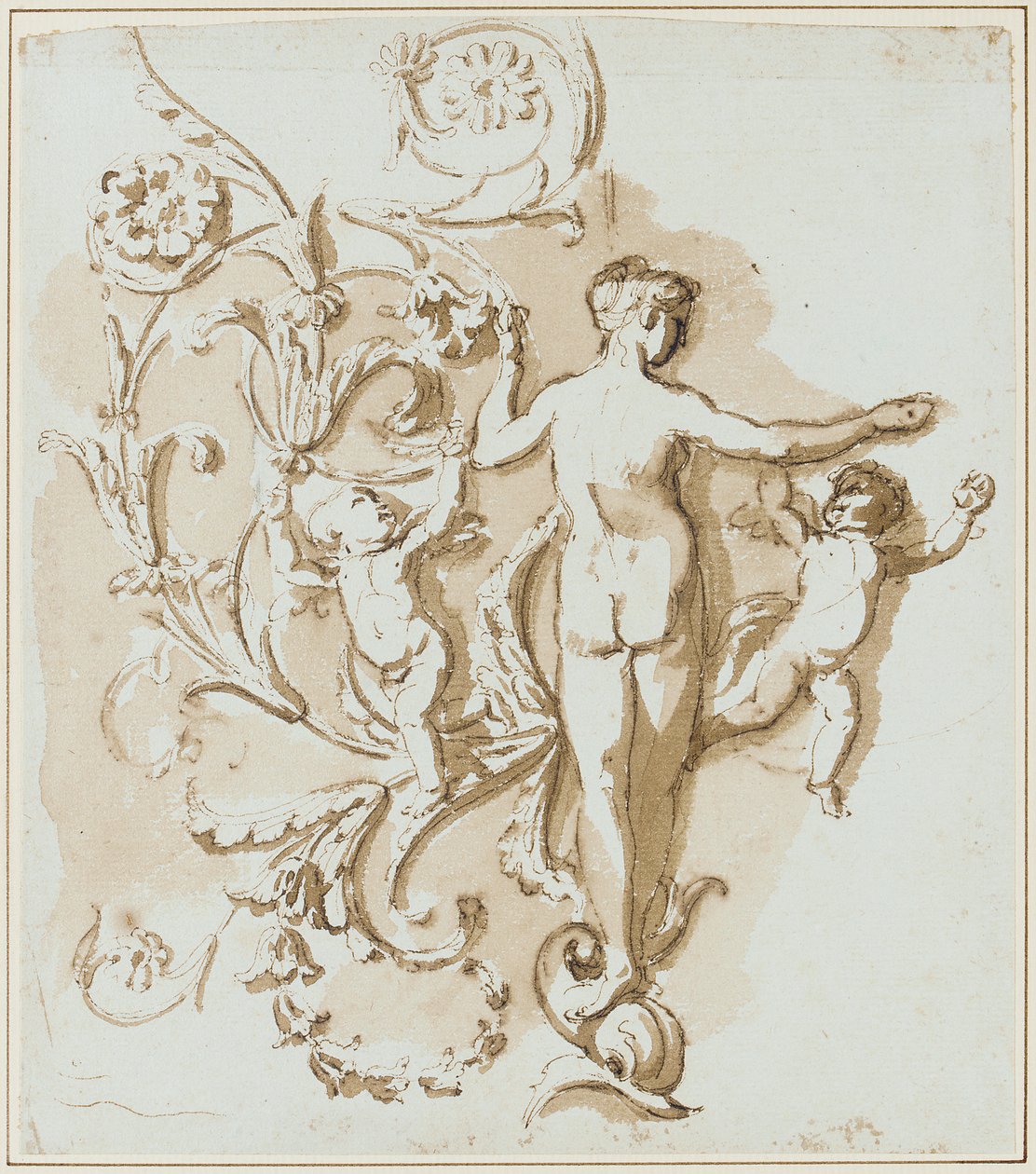 Nu féminin vu de dos, avec deux putti, parmi une décoration de feuilles d