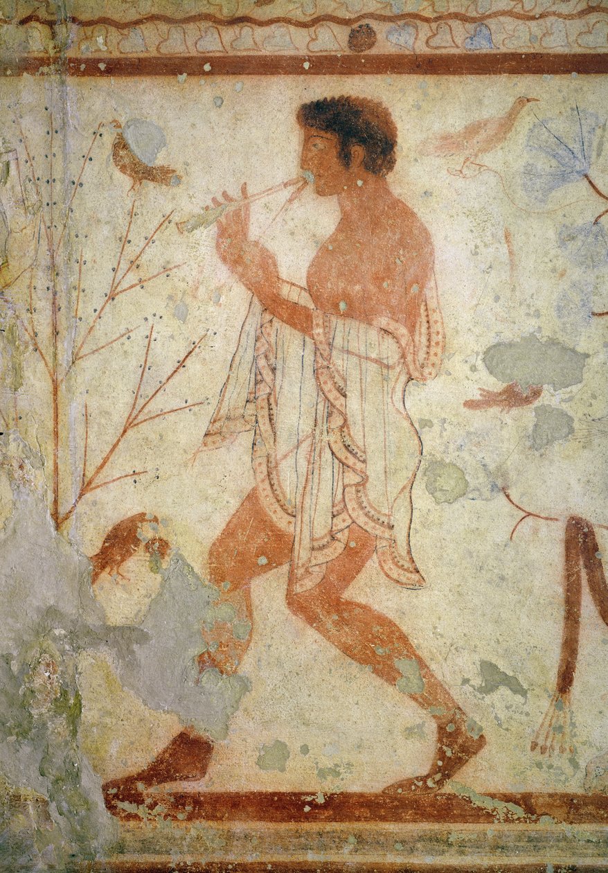 Musicien jouant de la double flûte, de la tombe du triclinium, vers 470 av. J.-C. (peinture murale) - Etruscan