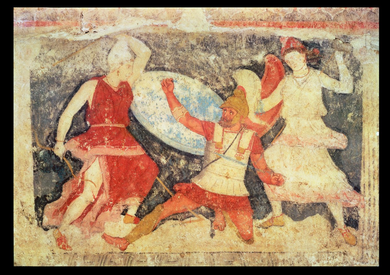 Deux Amazones en combat avec un Grec, de Tarquinia, 370-360 avant J.-C. - Etruscan