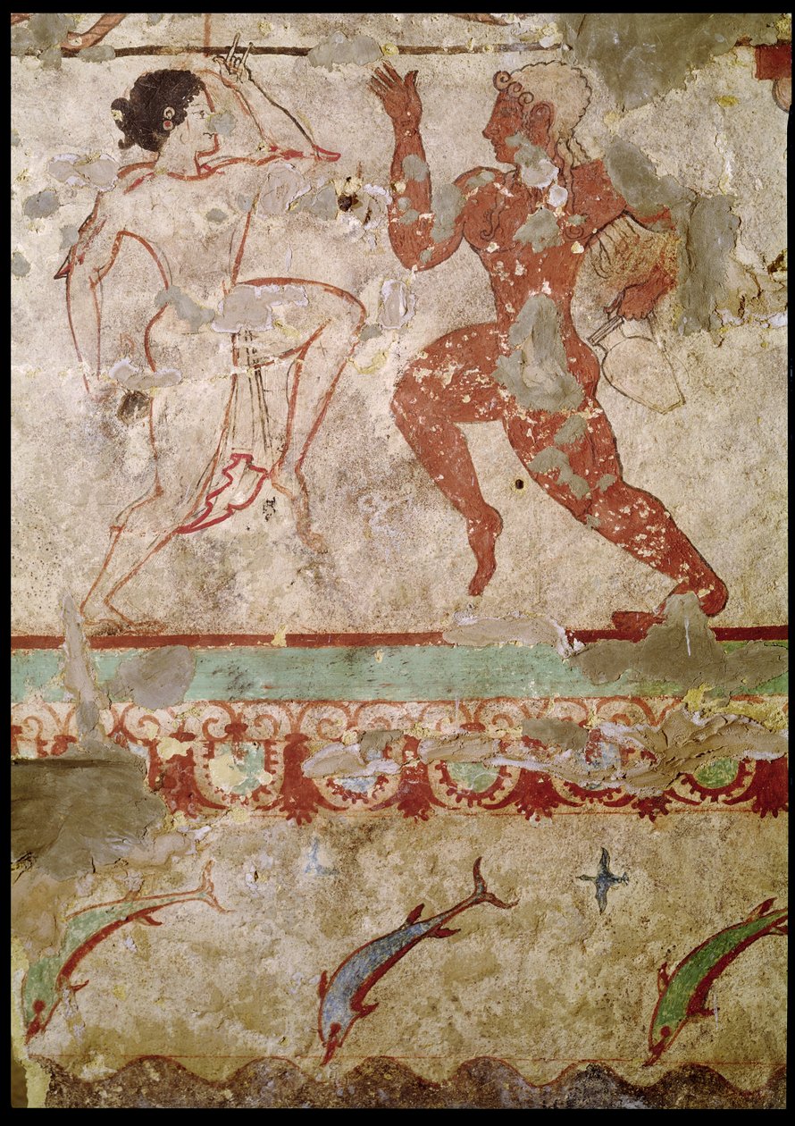 Deux danseurs et dauphins sautant à travers les vagues, frise de la Tombe des Lionnes dans la nécropole, c.520 av. J.-C. - Etruscan