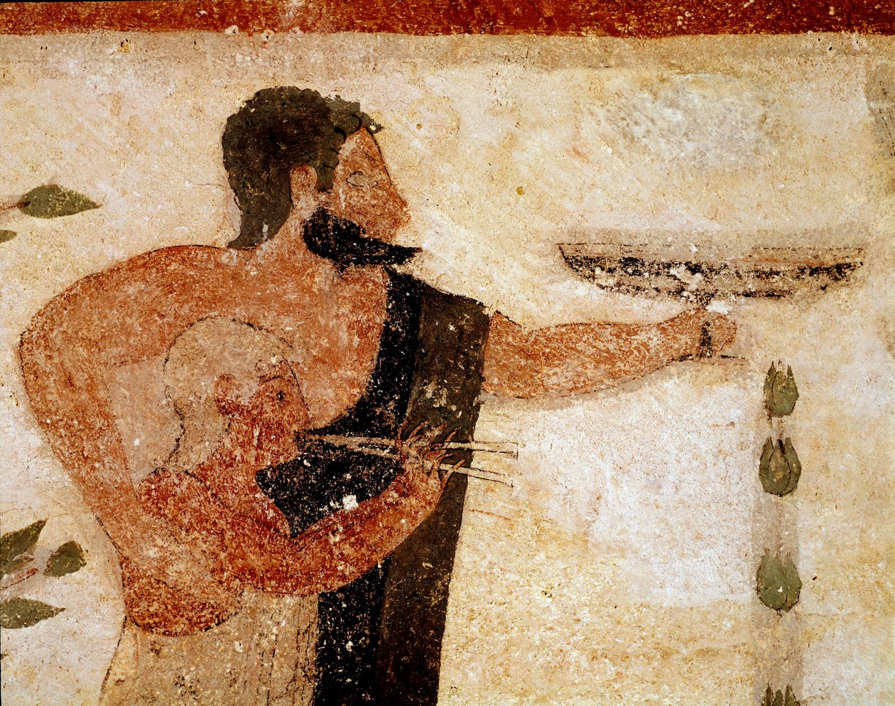 Un homme barbu présentant une coupe, près de lui un musicien (détail de fresque, 530 av. J.-C.) - Etruscan
