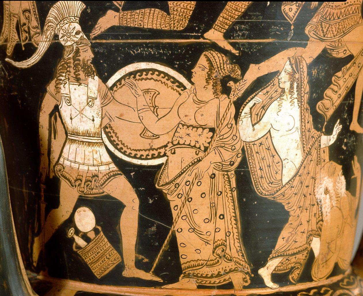Antiquité étrusque: cratère en cloche représentant la destruction de Troie: détail représentant Ménélas face à Aphrodite, Hélène est représentée à droite. De Falerii Veteres (Civita Castellana). 350-300 av. J.-C. Rome, Museo Nazionale di Villa Giulia - Etruscan