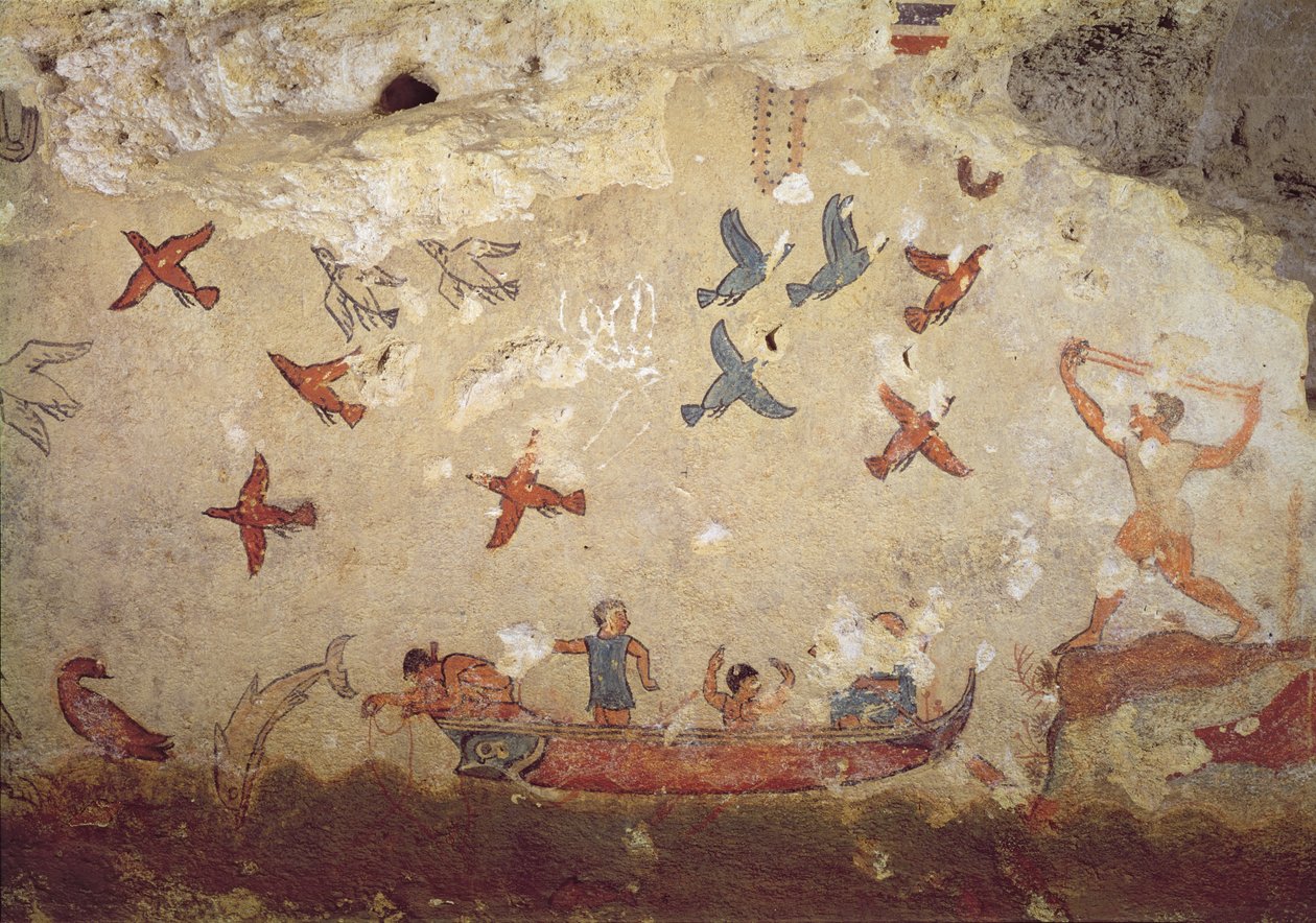 Pêcheurs dans un bateau et oiseaux volant, de la tombe de la pêche et de la chasse, c.520-510 av. J.-C. - Etruscan
