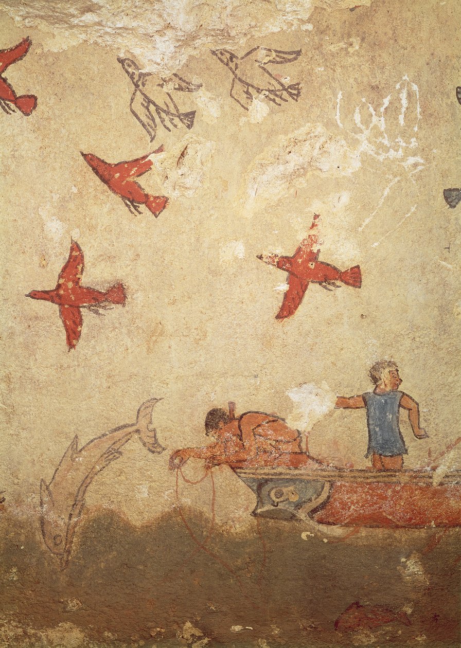 Bateau de pêche, de la tombe de la chasse et de la pêche, vers 520-10 av. J.-C. (peinture murale) - Etruscan