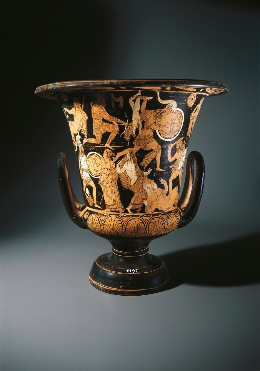 Potterie à figures rouges, calice-cratère représentant Néoptolème, Astyanax, Hélène de Troie et Priam au sol, par le Peintre de Nazzano, de Civita Castellana - Etruscan