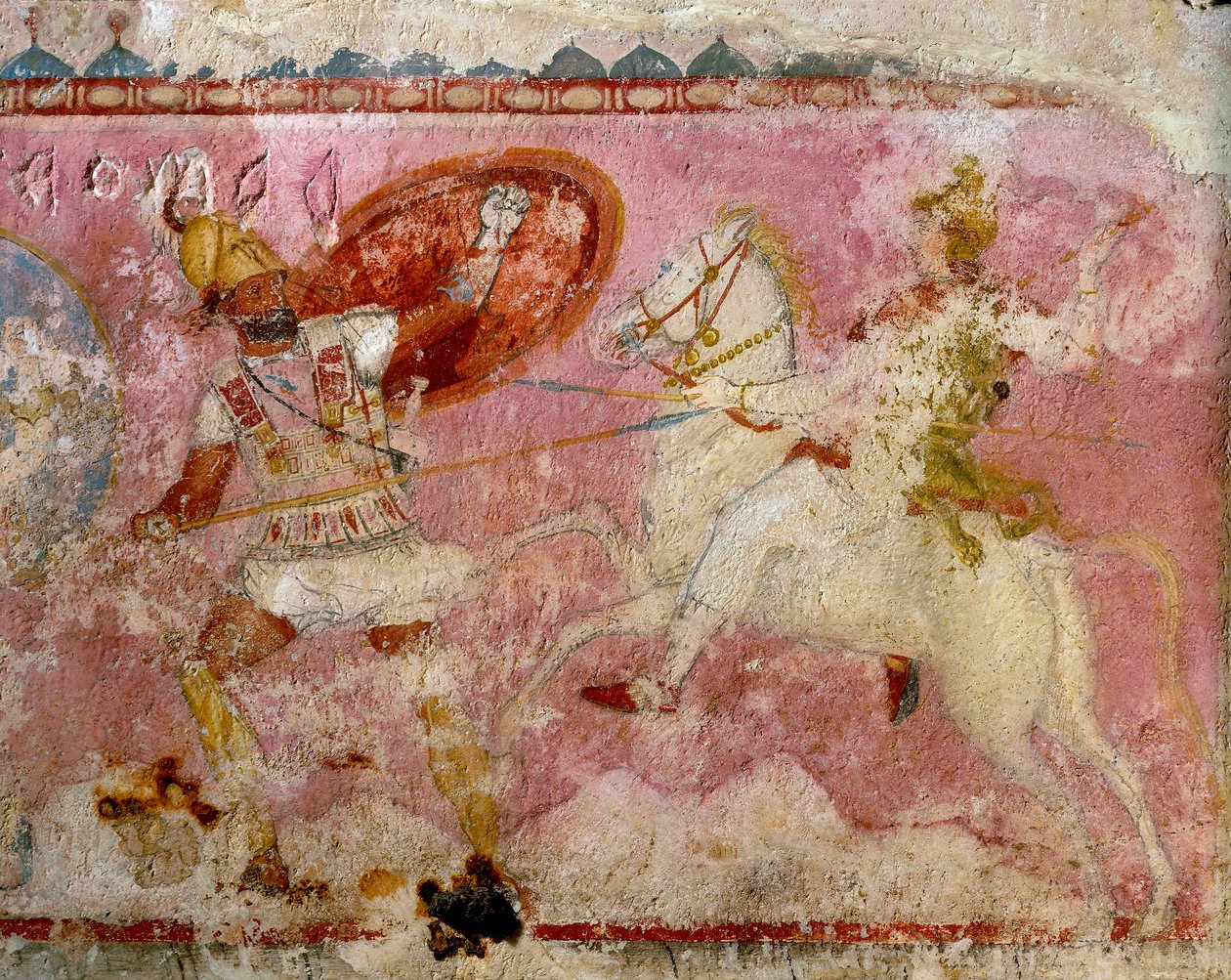 Sarcophage des Amazones avec scène de bataille peinte, calcaire blanc, de Tarquinia, région du Latium, Italie, détail - Etruscan
