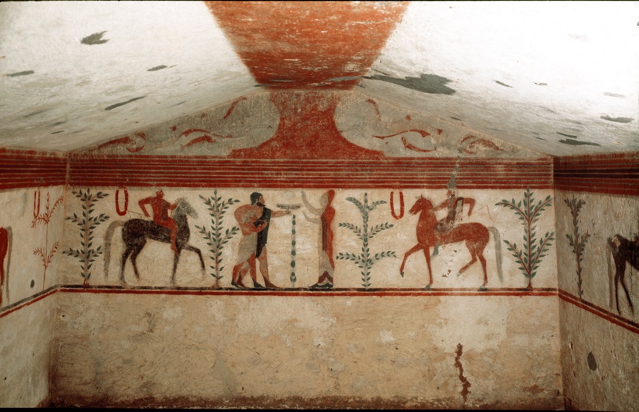 Deux cavaliers, une femme et un homme barbu présentant une coupe (détail) - Etruscan