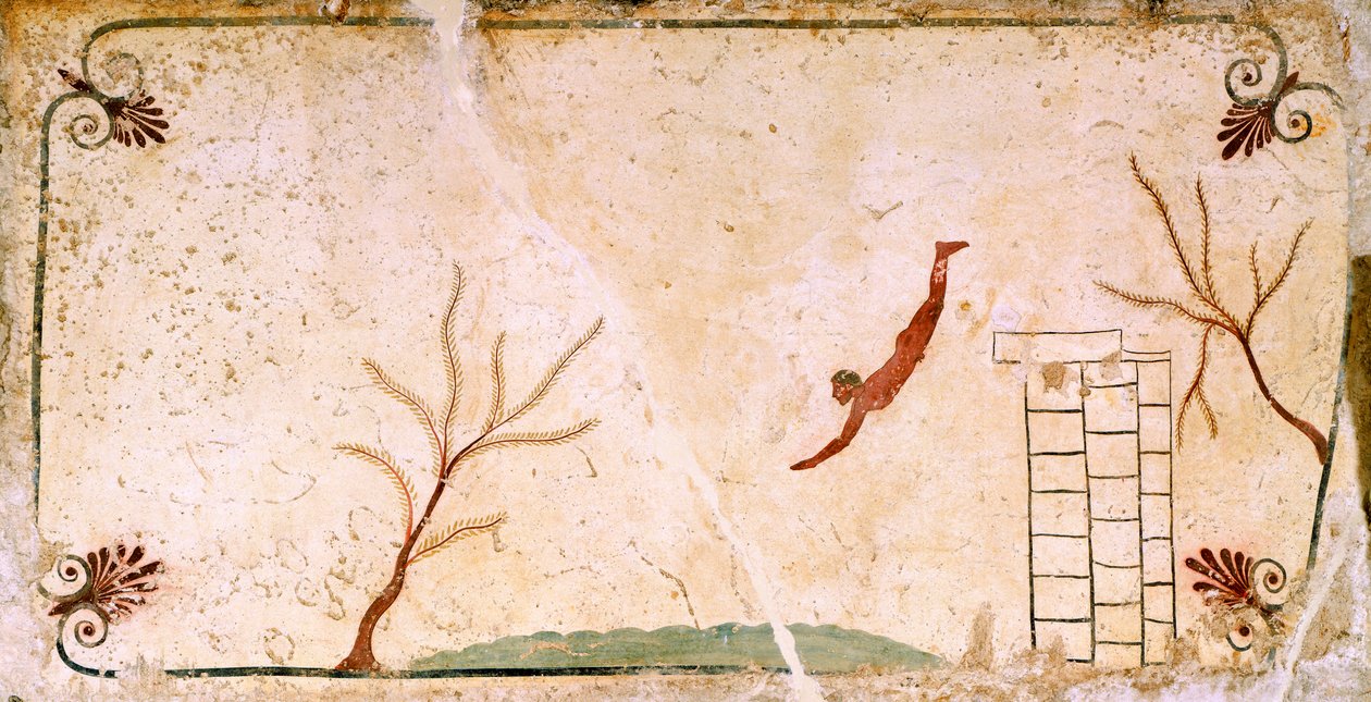 Plongeur, vers 480-490 av. J.-C., fresque décorative de la dalle de couverture de la Tombe du Plongeur à Paestum, Campanie, Italie, Ve siècle av. J.-C. - Etruscan