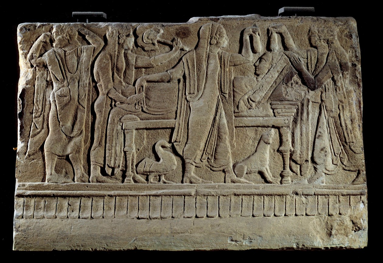 Antiquité étrusque : plaque de cippe funéraire. Exposition de la défunte sur son lit funéraire. Paris, Musée du Louvre - Etruscan Etruscan