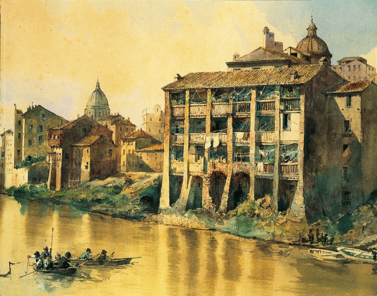 Italie, Rome, Vieilles maisons le long du Tibre, par Ettore Roesler Franz, aquarelle - Ettore Roesler Franz