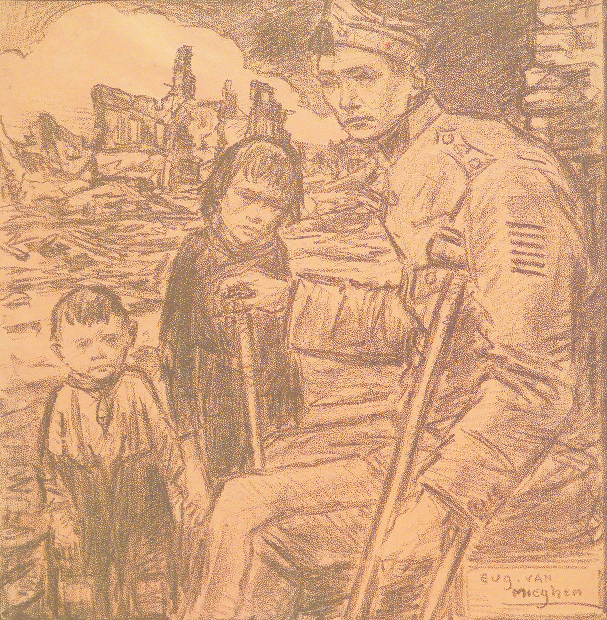 Soldat mutilé avec des enfants - Eugeen van Mieghem