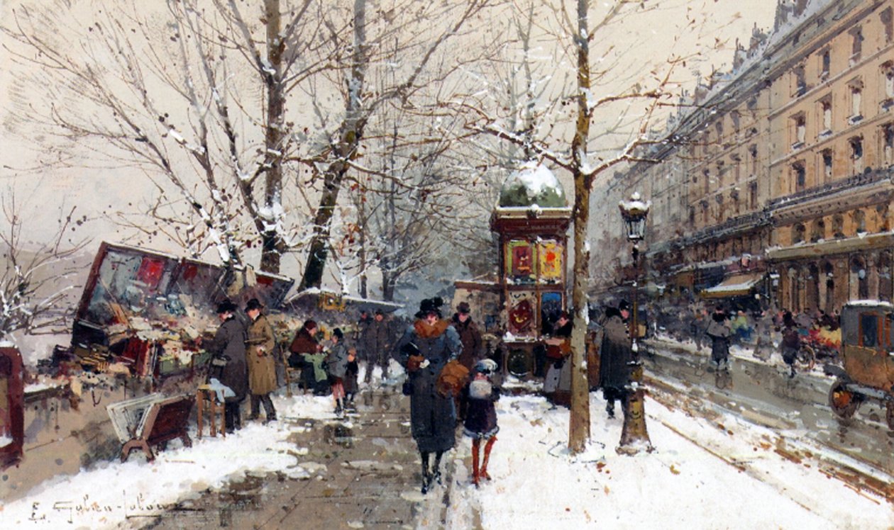 Étals de livres en hiver, Paris - Eugene Galien Laloue