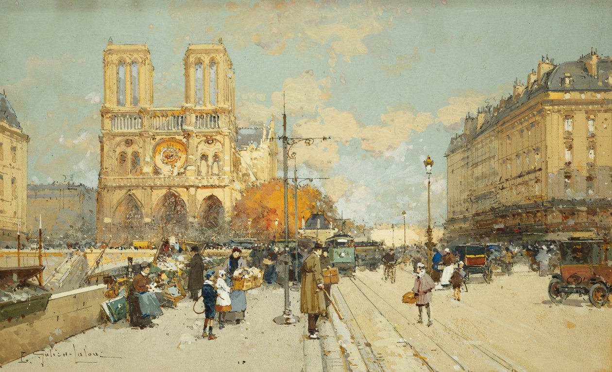 Figures dans une rue ensoleillée de Paris, Notre-Dame à gauche - Eugene Galien Laloue