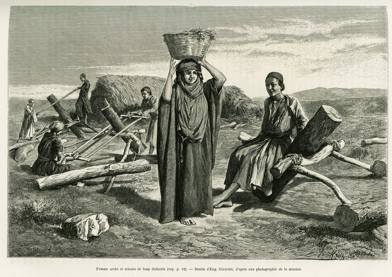 Femme arabe et scieurs de long. Gravure pour illustrer l