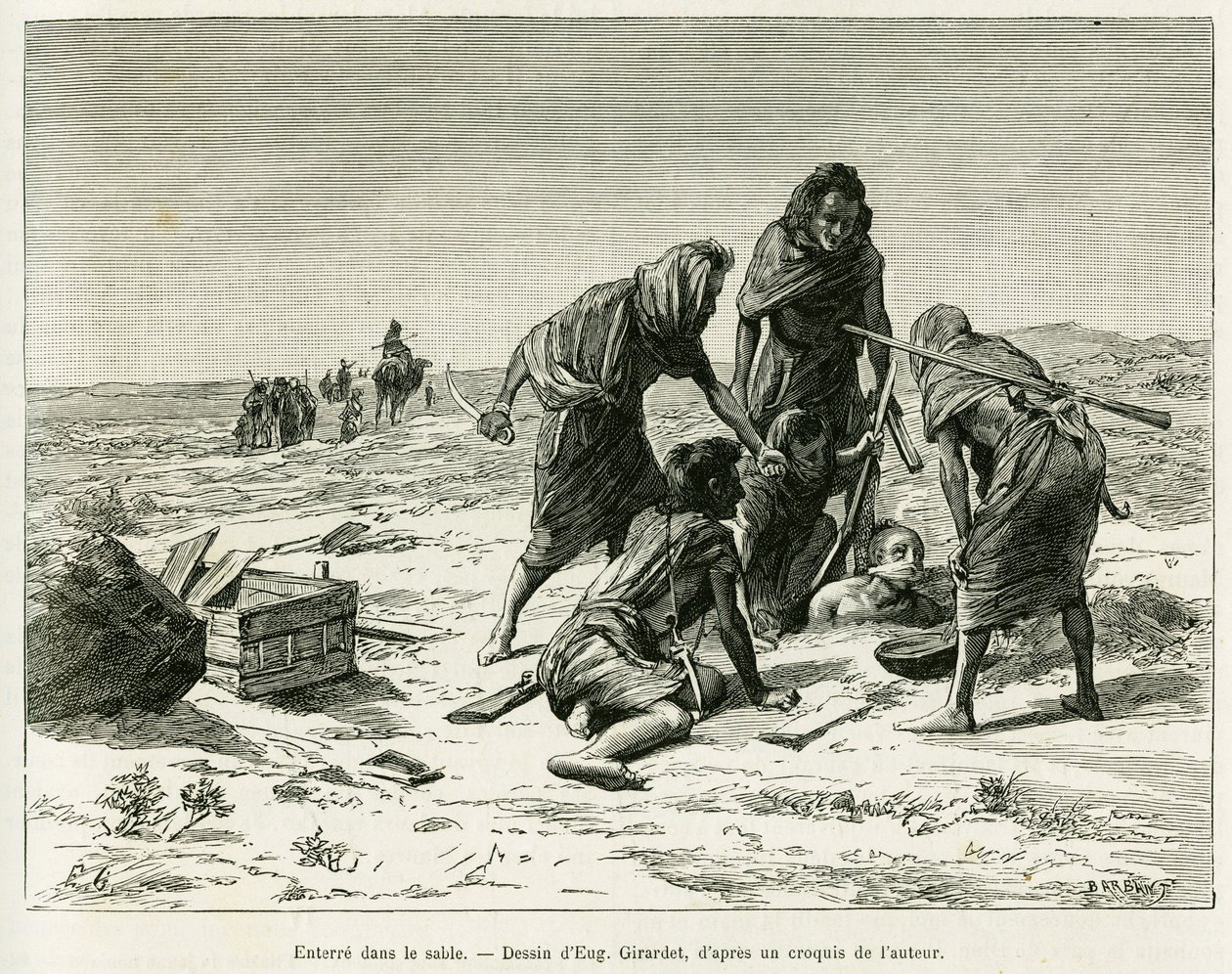 Enterré dans le sable. Gravure pour illustrer l