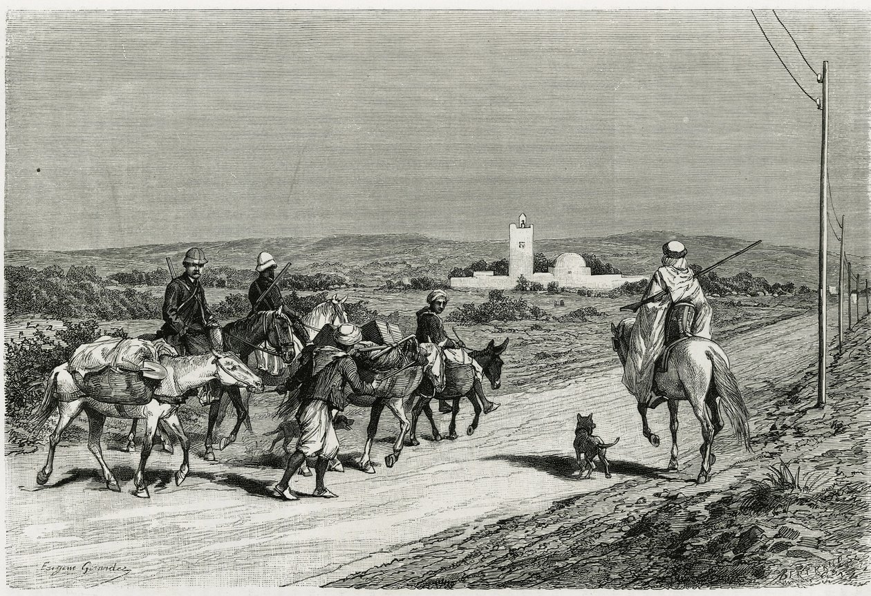 Notre remorqueur avance. Gravé par Eugene Girardet, pour illustrer le récit « Voyage en Tunisie », par René Cagnat (1852-1937) historien et Henri Saladin (1851-1923), architecte, commandé en 1882-1883, par le Ministère de l