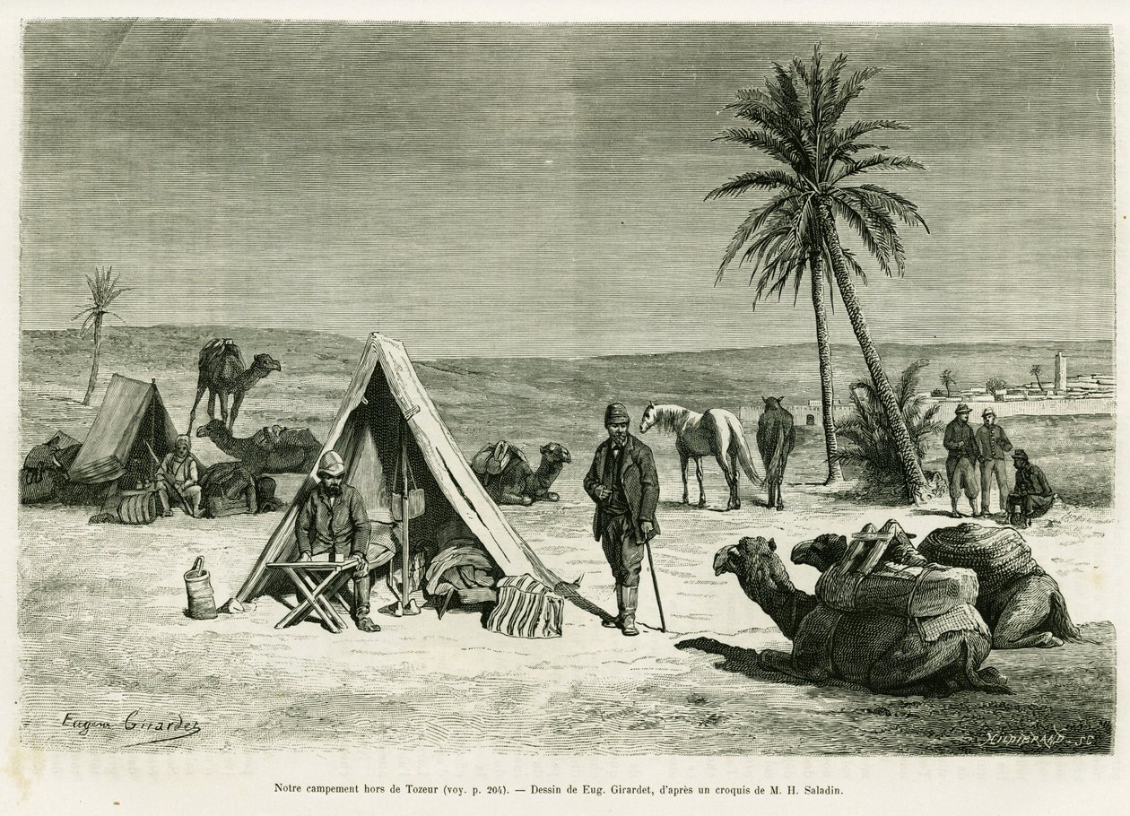 Campement des voyageurs dans les environs de Tozeur. Gravure d