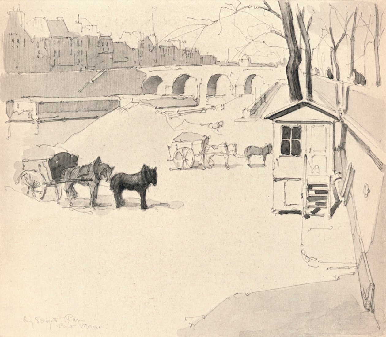 Le Pont Marie - Chevaux et charrettes, 1915 - Eugene Bejot
