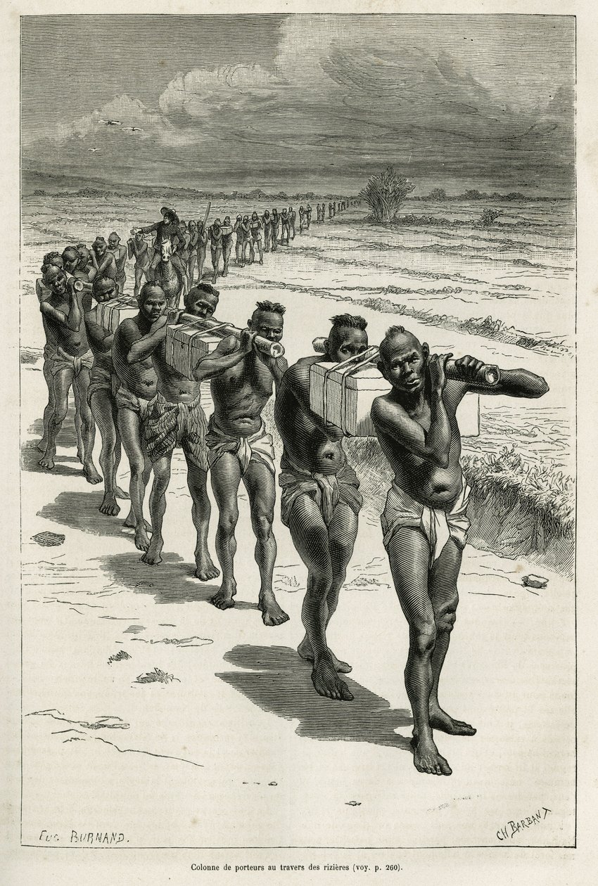 Colonne de porteurs à travers les rizières, entre Bassac et Hué, gravée d