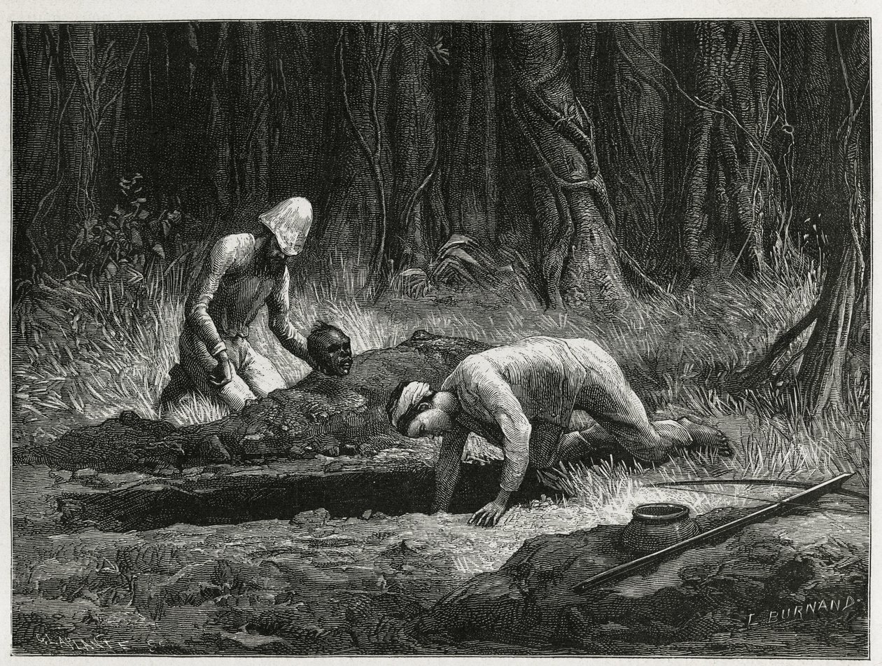 Le Dr. Harmand et son assistant annamite, procédant à des exhumations clandestines de sépultures Khas, à Attopeu (Laos), gravure d