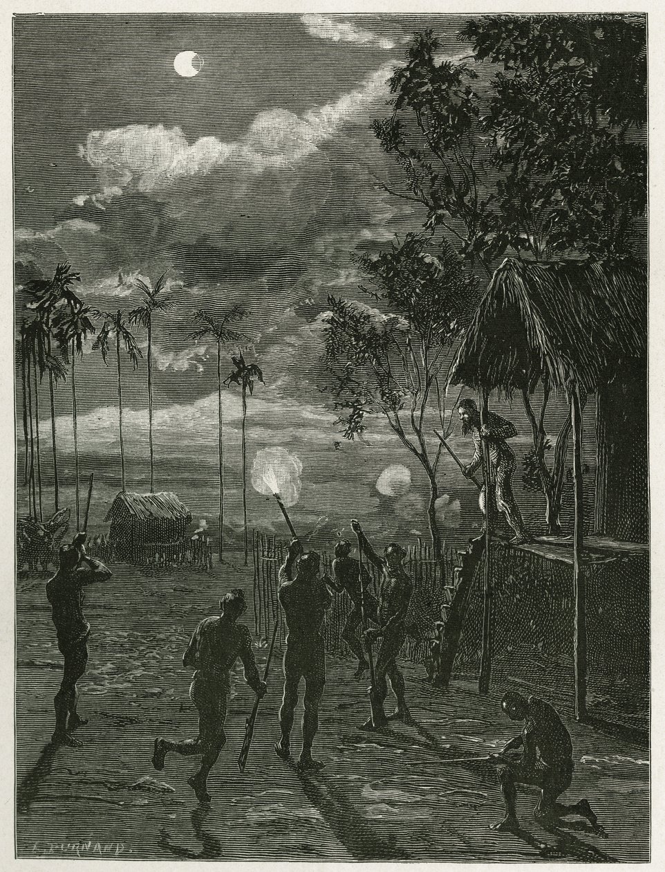 Le Dr Harmand réveillé en pleine nuit par le bruit des fusils des indigènes Khas, tirant sur la lune soumise à une éclipse, à Attopeu (Laos), gravure par Eugène Burnand, pour illustrer le récit du Laos et des populations sauvages d