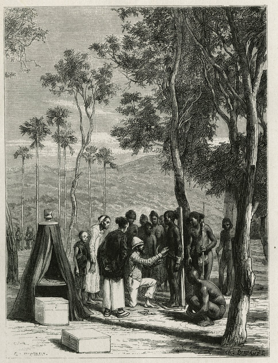 Le Dr Harmand procède à des mesures anthropologiques sur les indigènes Khas, à Attopeu (Laos), gravure par Eugène Burnand, pour illustrer l