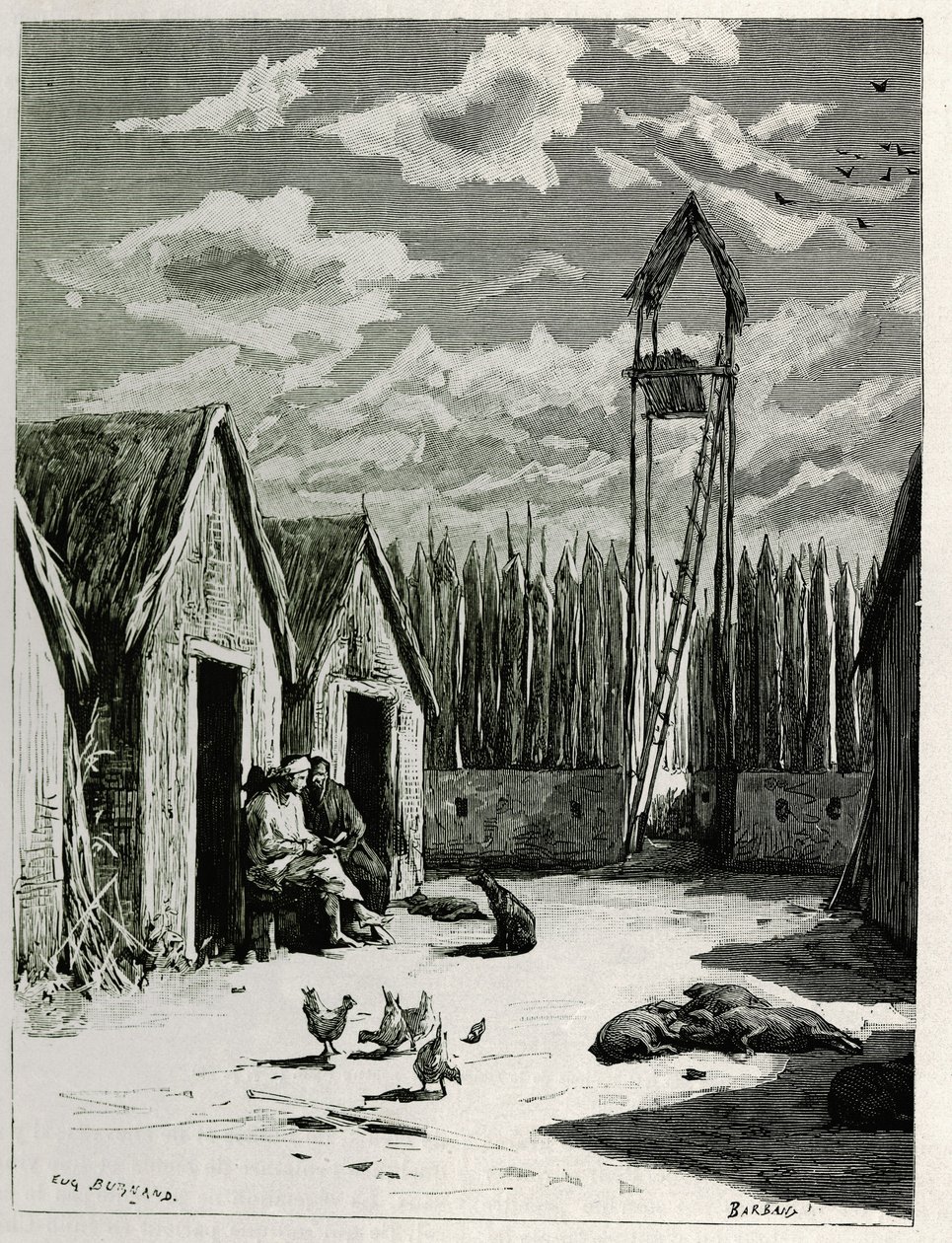 Place des missionnaires à Meuong Ngan. Gravure par Eugène Burnand, pour illustrer le récit « Voyage au Haut Laos », en 1880, par le Dr P. Neis. Publié dans Le Tour du monde, nouveau journal des voyages, 2e semestre 1885, édité par Édouard Charton - Eugene Burnand