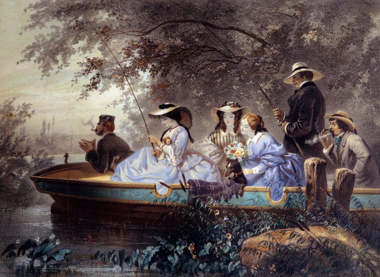Un dimanche en famille, pêche dans la rivière - Eugene Charles Francois Guerard