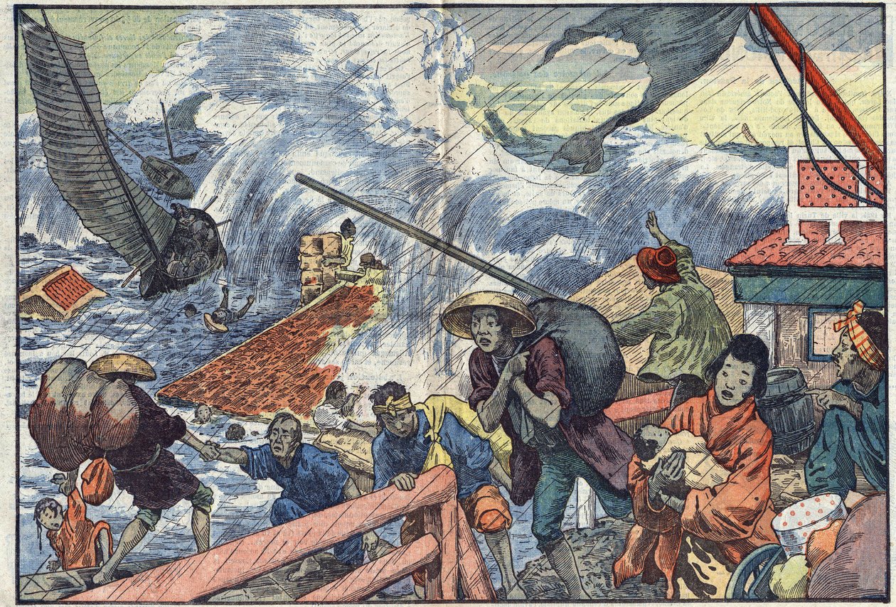 Un raz-de-marée et un typhon frappent le Japon. Illustration de Damblans. Dans « Le Pèlerin » du 2 octobre - Eugene Damblans