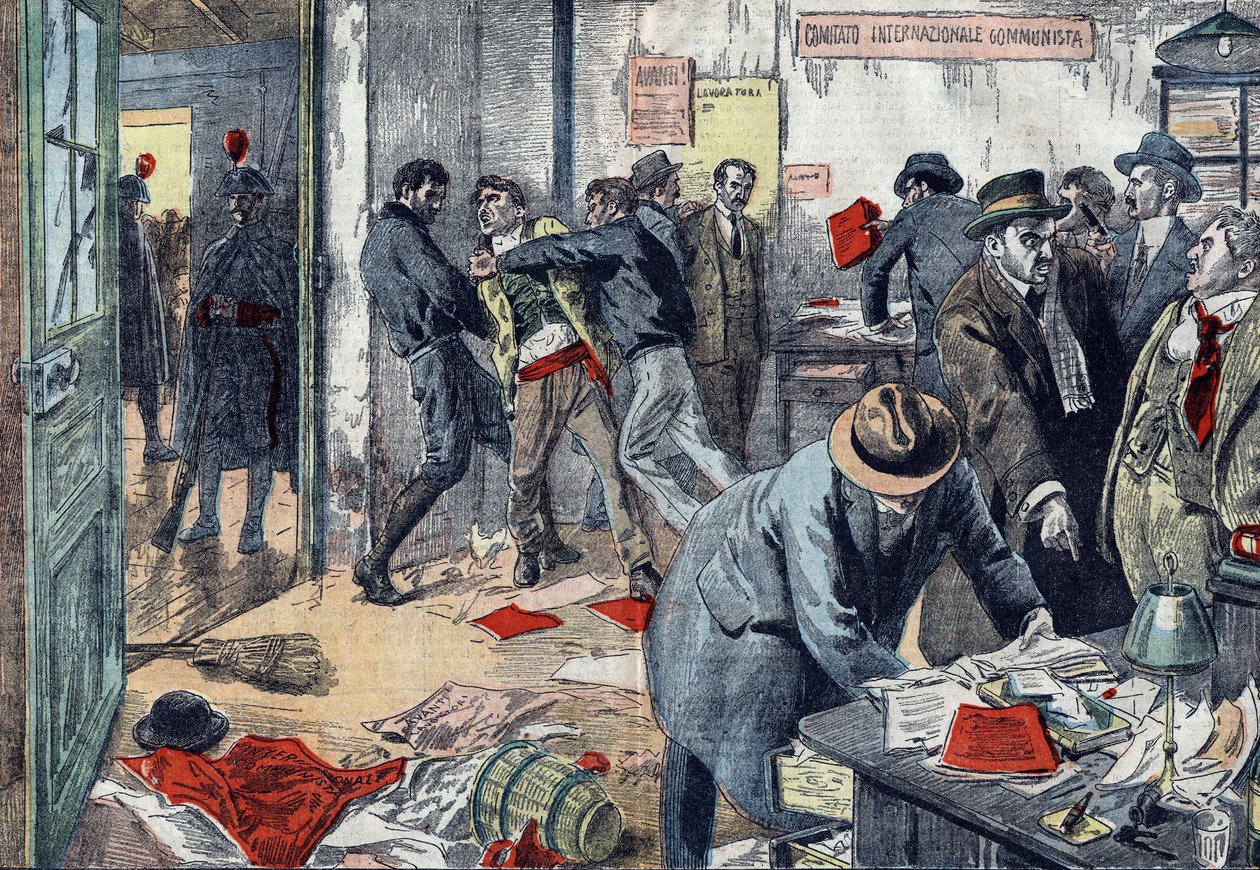 Benito Mussolini a procédé à des arrestations massives de communistes à Trieste, Italie en février 1923 ; perquisition des bureaux du journal « Lavoratore ». Dessin de Damblans dans « Le Pèlerin » de 1923. - Eugene Damblans